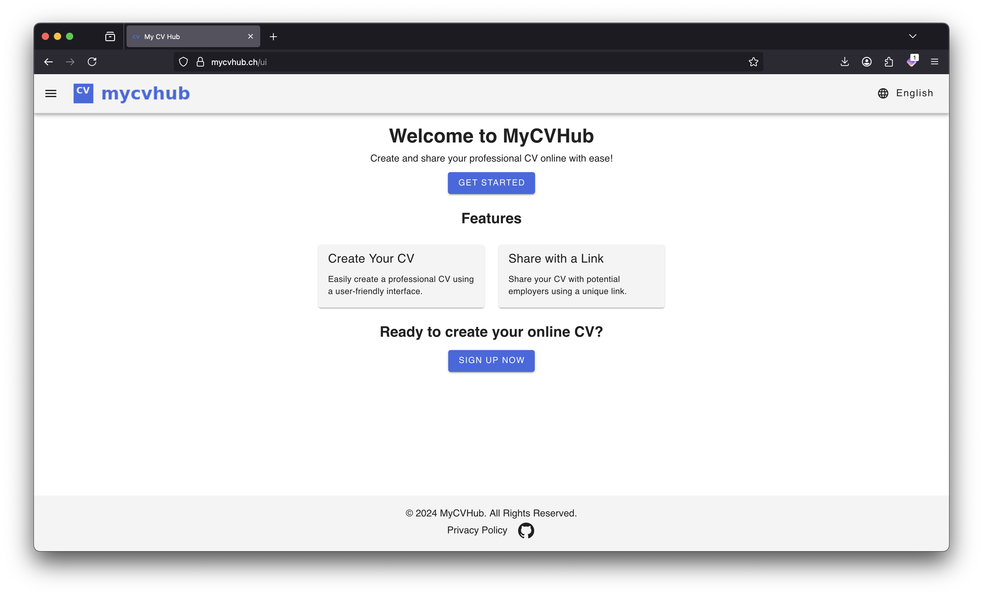 Screenshot of the MyCVHub home page